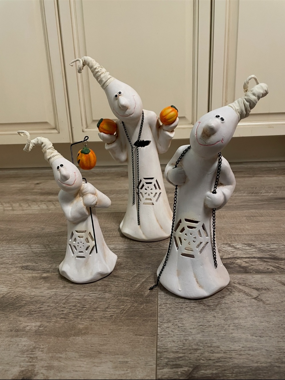 Vintage - White Ceramic Pumpkin Ghost Figurines Trio - Halloween Holiday Decor